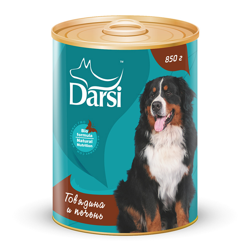 Фото: Darsi Консервы для собак c говядиной и печенью, 850 г. Магазин для животных ЗооПуть