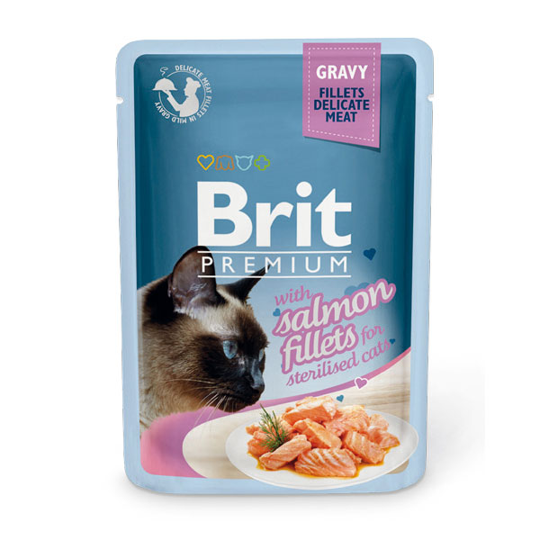 Фото: Влажный корм Brit Premium Кусочки из филе лосося для стерилизованных кошек, 85 г. Магазин для животных ЗооПуть