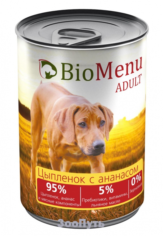 Фото: BioMenu ADULT Консервы для собак цыпленок с ананасами, 410 г. Магазин для животных ЗооПуть