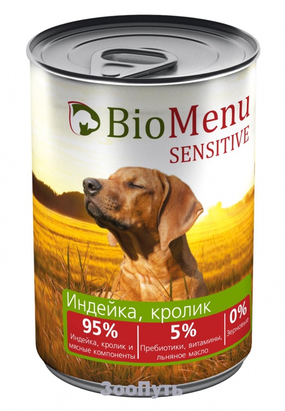 Фото: BioMenu SENSITIVE Консервы для собак индейка с кроликом, 410 г. Магазин для животных ЗооПуть